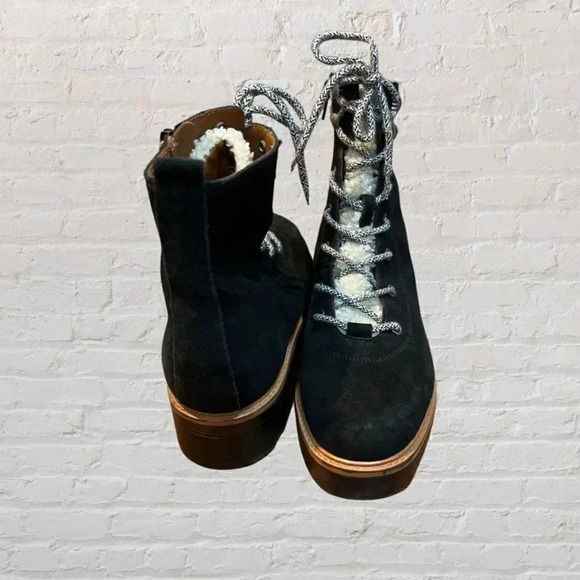 Marc Fisher Izzie Lugsole Ankle Boots Black Suede Shearling Leather Size 7 - Picture 7 of 10